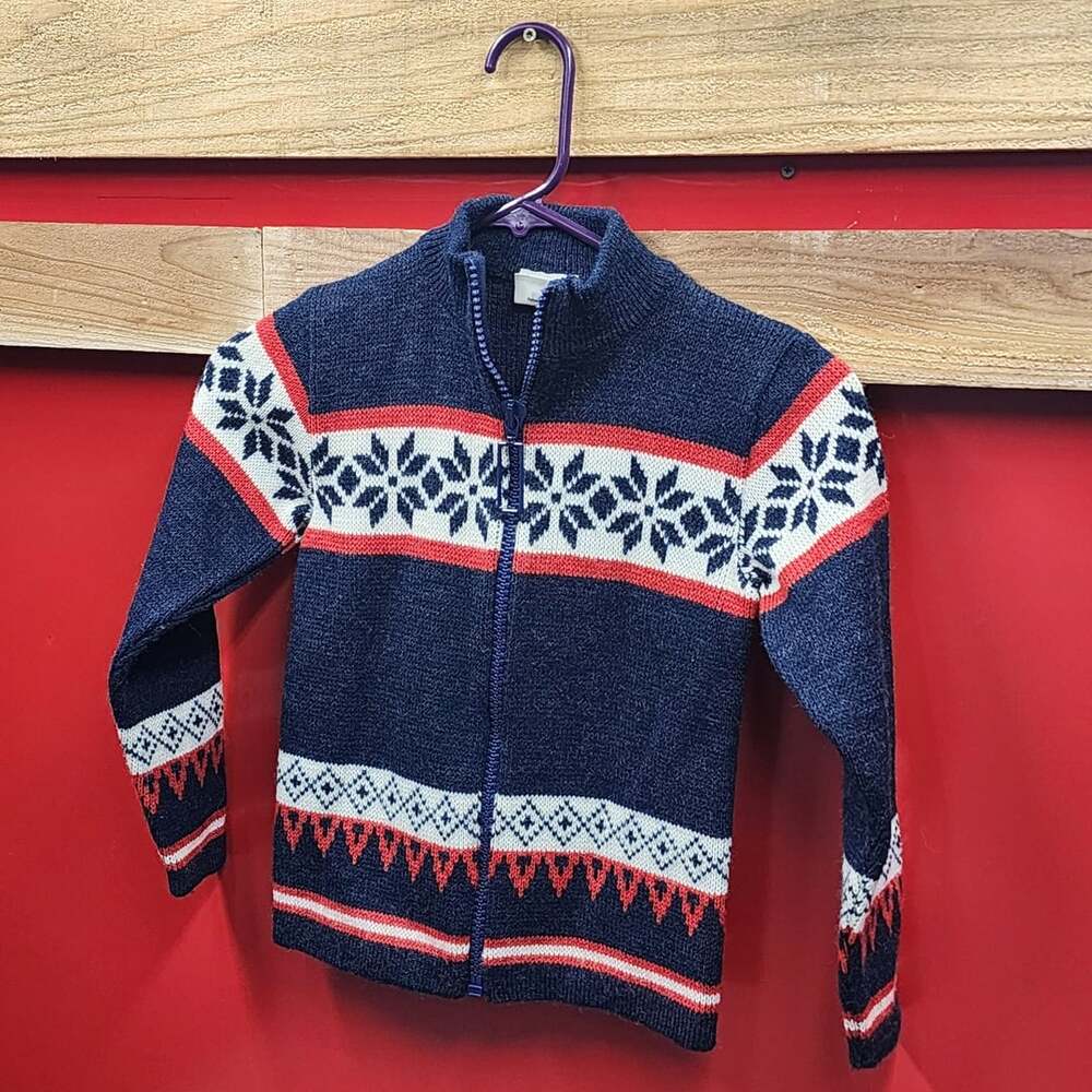 Vintage Ergee Kids Fair Isle Full-Zip Ski Sweater Navy Red White